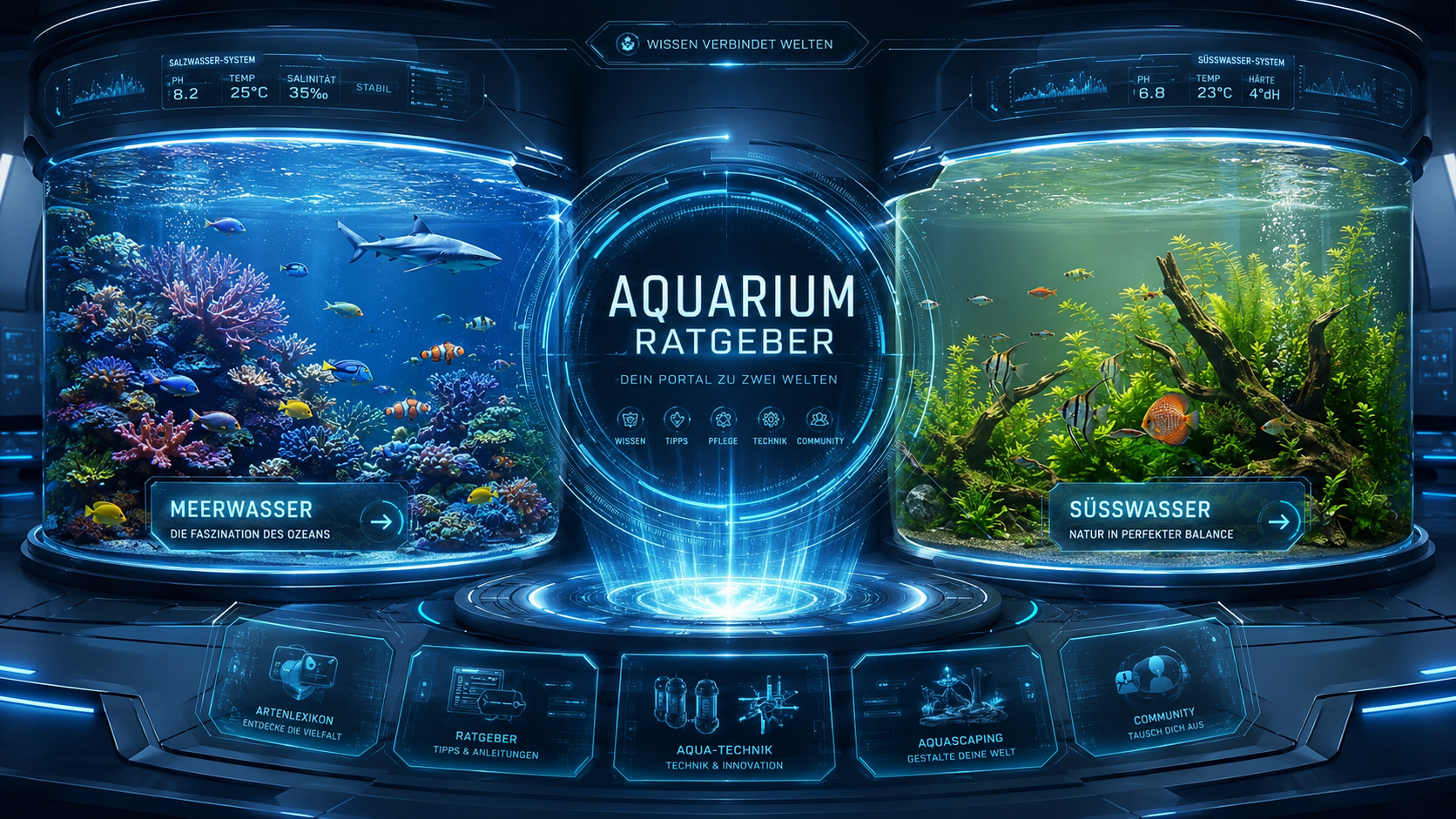 Futuristische Hauptansicht des Aquarium-Ratgeber-Portals mit Meerwasser und Süßwasser