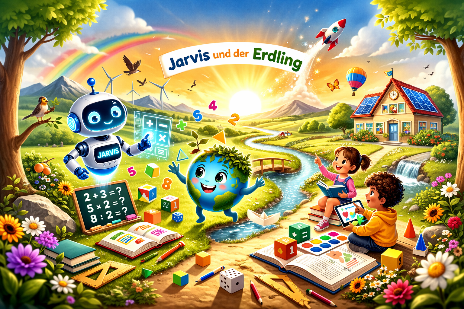 Jarvis und der Erdling in der bunten Mathe-Lernwelt mit Zahlen und Kindern