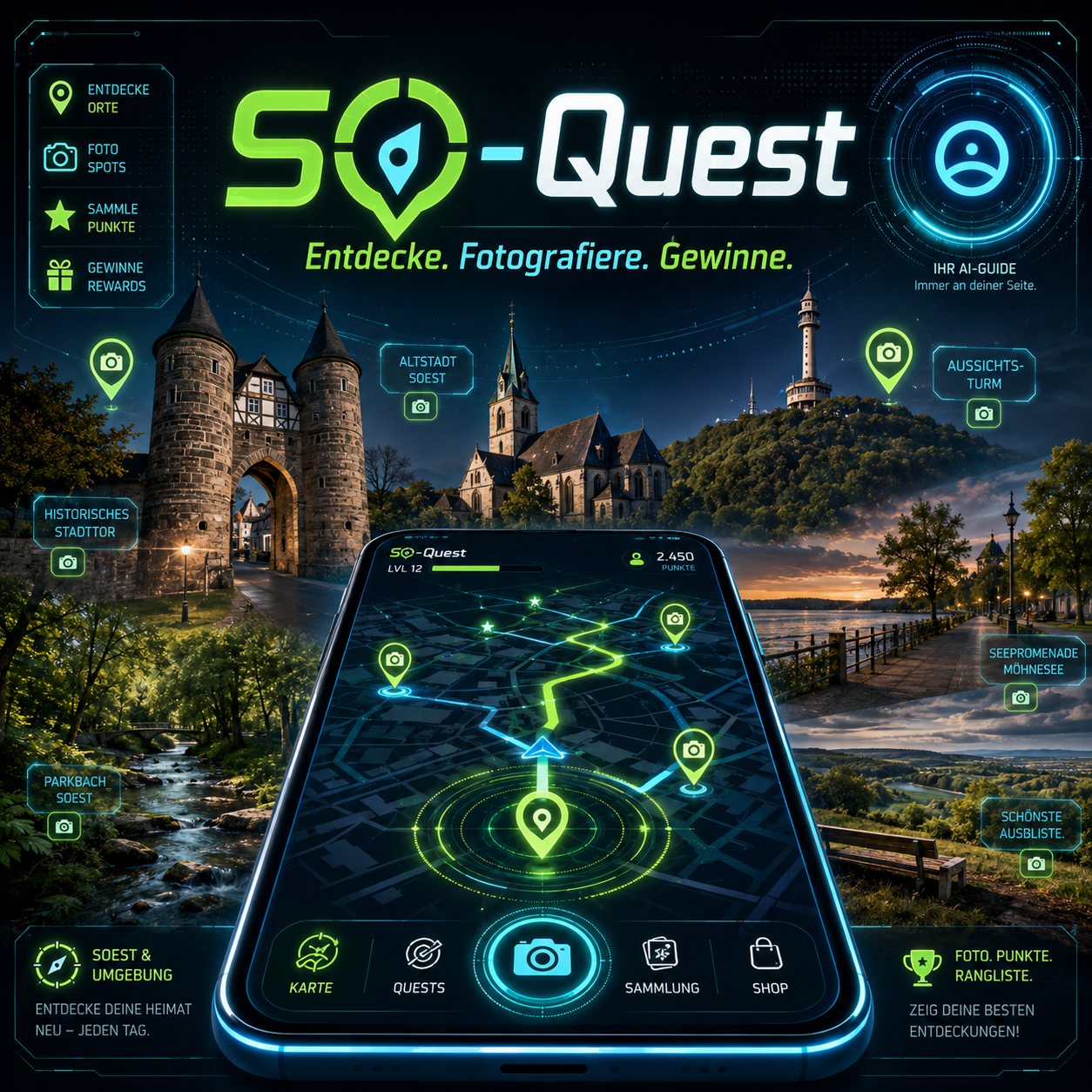 Futuristisches SO-Quest-Cover mit Smartphone-Karte, historischen Orten, Möhnesee und leuchtenden Fotospot-Markern