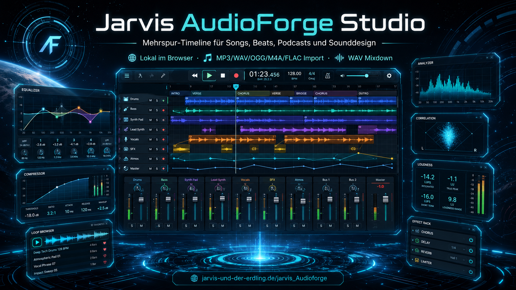 Jarvis AudioForge Studio Cover mit Mehrspur-Timeline, Mixer, Equalizer und Audio-Analyzer im Jarvis Style