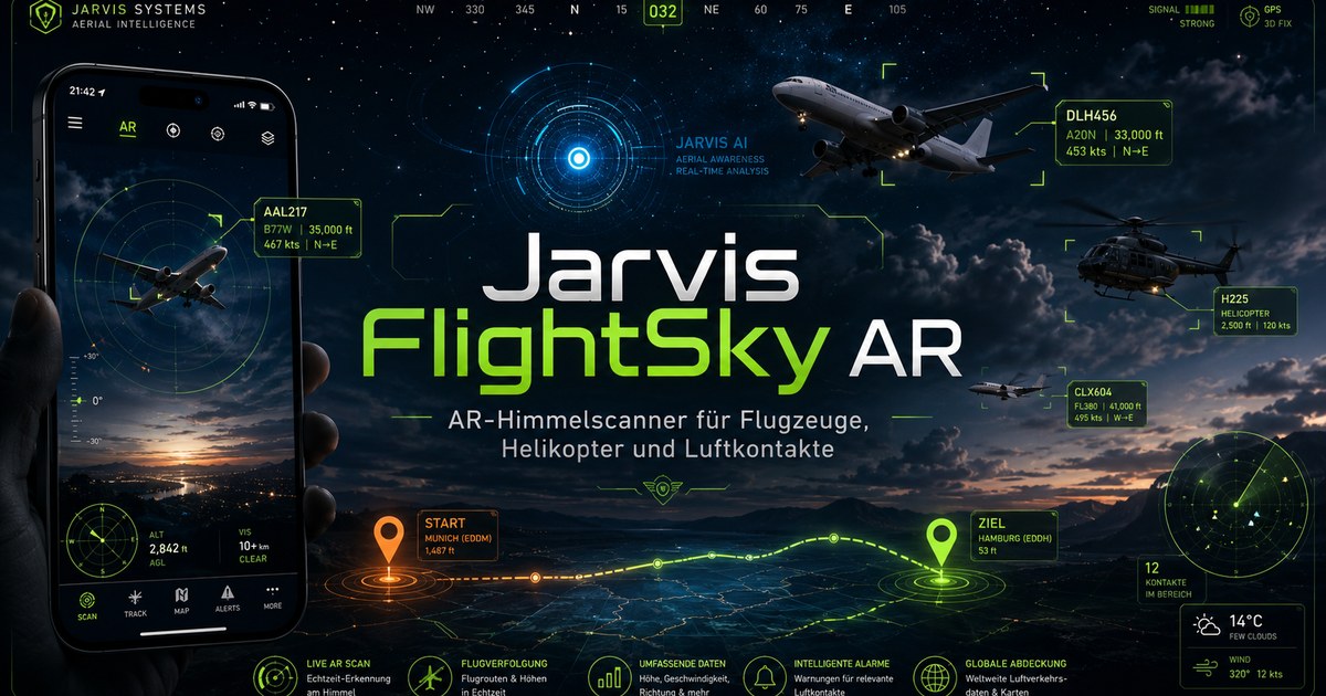 Jarvis FlightSky AR Cover mit Flugzeugen, Helikopter, AR-HUD und Flugroute