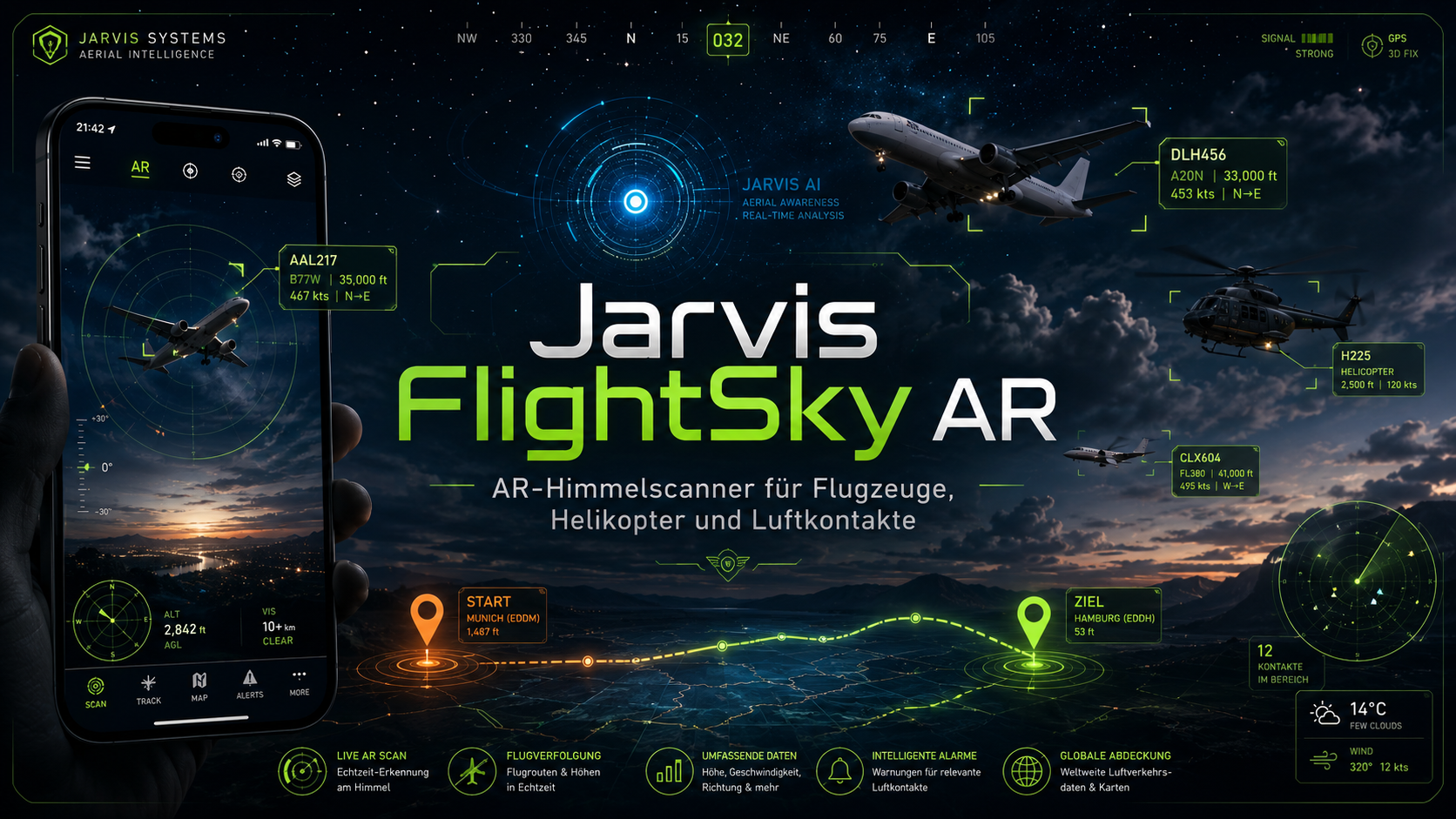 Jarvis FlightSky AR Cover mit AR-HUD, Flugzeugen, Helikopter, Flugroute, Kompass und Kartenansicht im futuristischen Jarvis-Stil