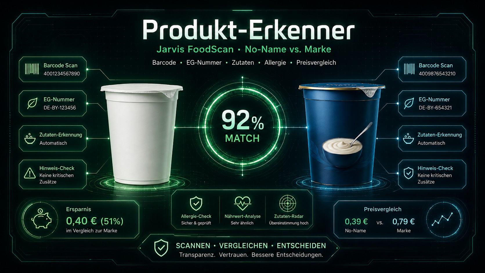 Produkt-Erkenner Jarvis FoodScan Cover: No-Name-Produkt und Markenprodukt werden per Barcode, EG-Nummer, Zutaten, Allergie-Check und Preisvergleich analysiert.
