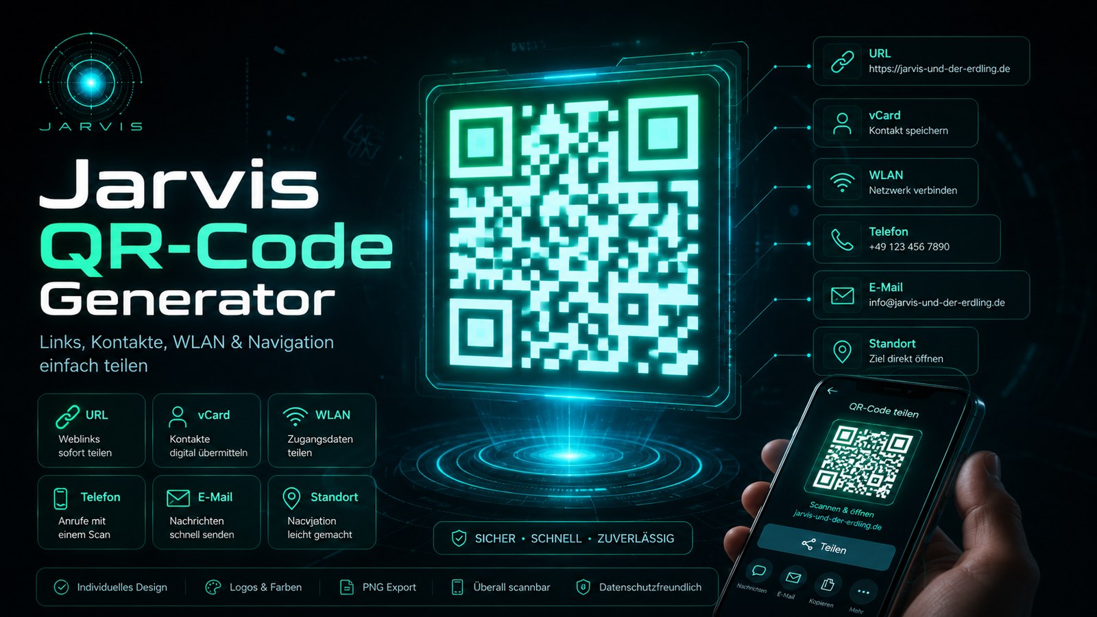 Cover des Jarvis QR-Code Generators mit leuchtendem QR-Code, Handy-Vorschau und Funktionen für URL, vCard, WLAN und Standort.