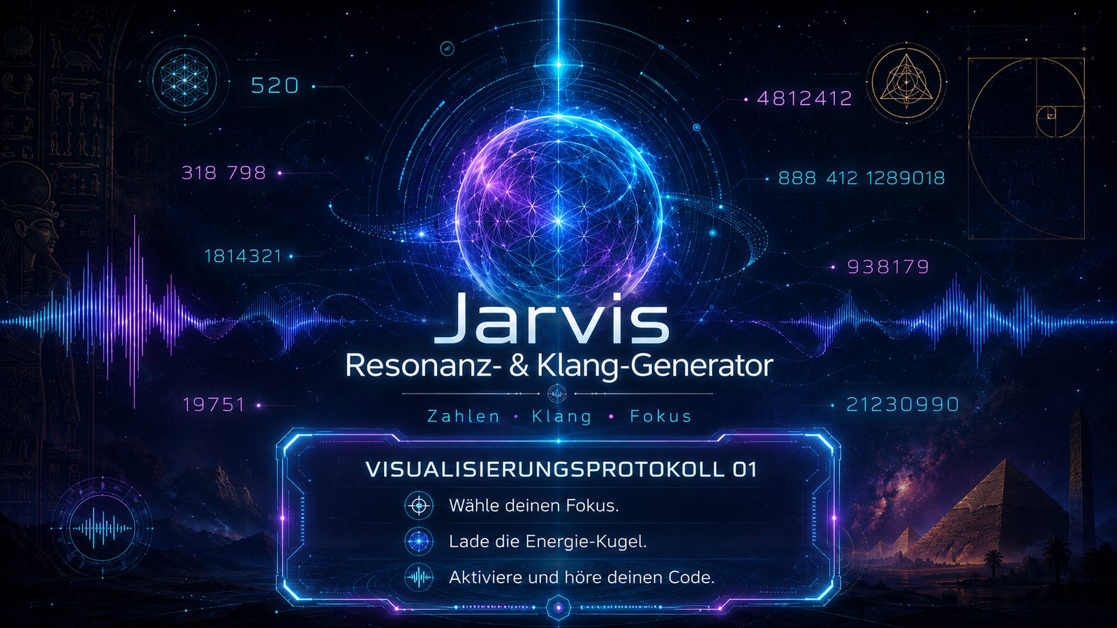 Futuristisches Cover des Jarvis Resonanz- und Klang-Generators mit Energie-Kugel, Zahlenfolgen, Klangwellen und ägyptischen Motiven.