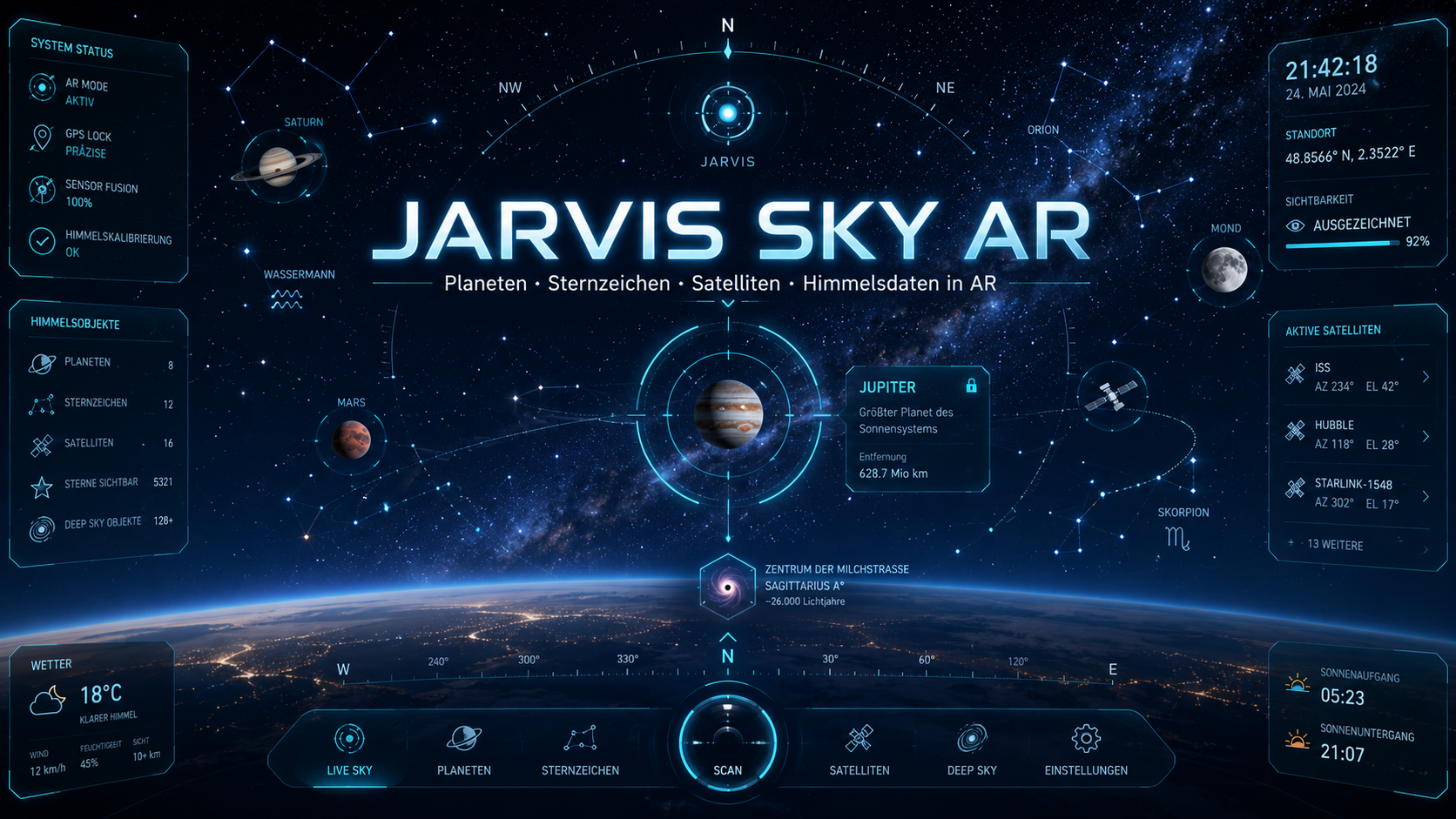Jarvis Sky AR Cover mit futuristischem HUD, Planeten, Sternzeichen, Satelliten und Himmelsdaten über dem Nachthimmel