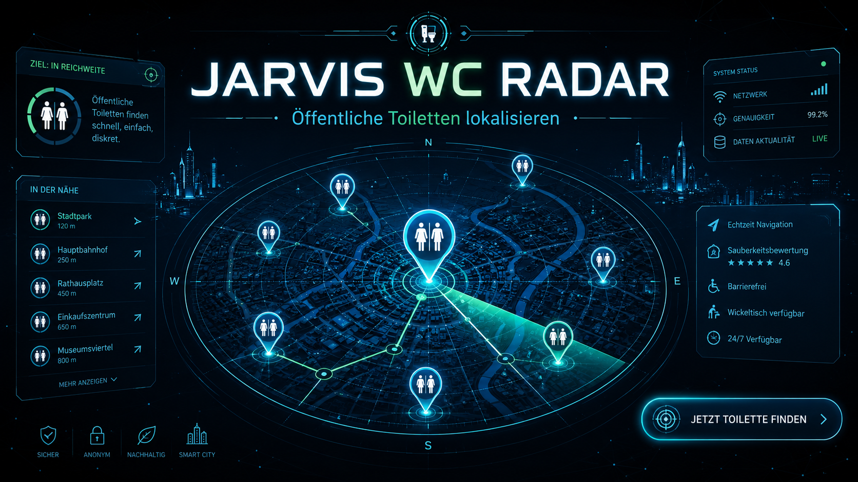 Jarvis WC Radar Cover: futuristische Kartenansicht mit Radar, öffentlichen Toiletten-Markern und Navigation