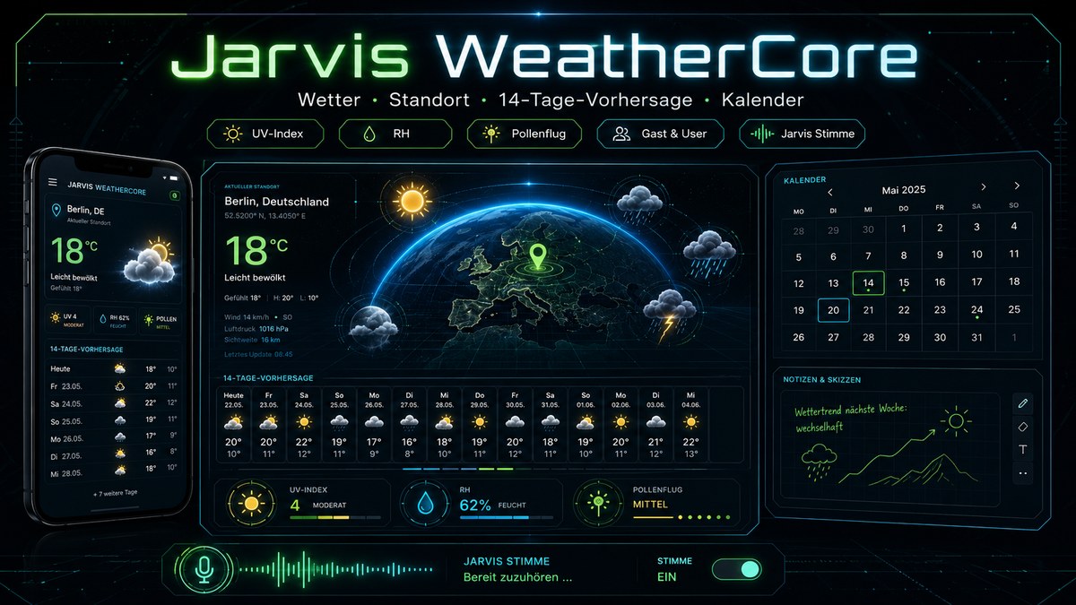 Jarvis WeatherCore Cover mit Wetter-Dashboard, Standort, 14-Tage-Vorhersage, Kalender und Jarvis Stimme